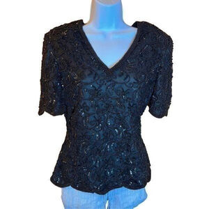 Laurence Kazar New York Vintage 80’s Black Beaded Blouse Size Petite M